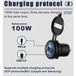ładowarka samochodowa 2xUSB  + USB 3,0 montażowa hermetyczna z woltomierzem